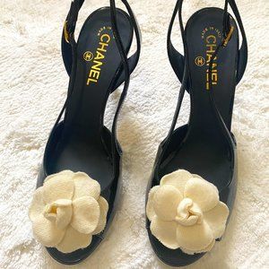 Chanel Open Toe Sling Back Sandel, Black with Cream Camellia Bow, Size 40 1/2